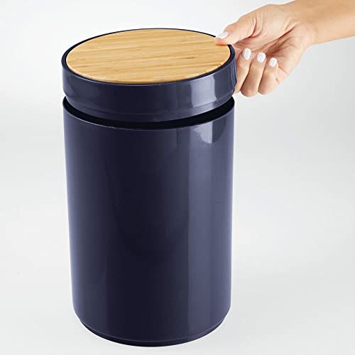 mDesign Small Round Plastic Trash Can Wastebasket, Garbage Bin Container w/Swing-Close Lid; Kitchen, Bathroom, Office, Bedroom; Holds Waste, Recycling,1.3 Gallon - Navy Blue/Natural - Image 4