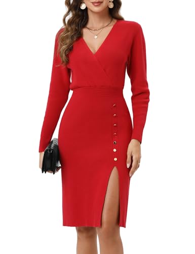 KOJOOIN Strickkleid Damen V Ausschnitt Langarm Pulloverkleid Elegant Wickelkleid Tunika Knielang Partykleid für Herbst Winter Weinrot L