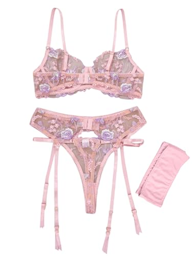 Image of Lilosy Sexy Leaf Floral Embroidered Mesh Sheer Belt Women Underwire Push Up Lingerie Set See Through Bra Panty 3 Piece Bloom Light Pink Medium
