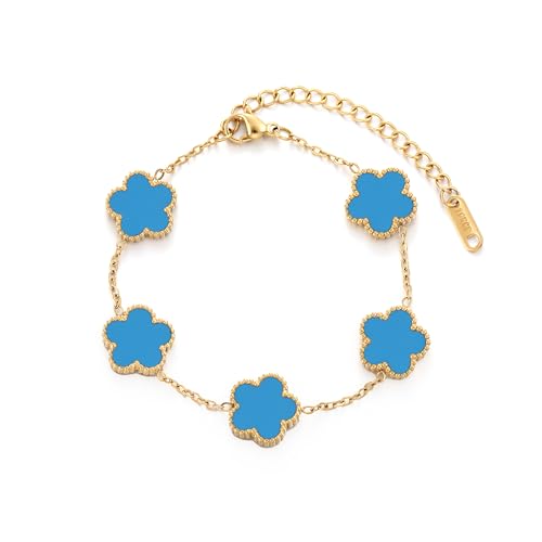 TICVSS Four Leaf Clover Bracelet for Women 18K Gold Plated Stainless Steel Lucky 4 Leaf Gold Link Bracelet Jewelry Gift for Women (Blue)
