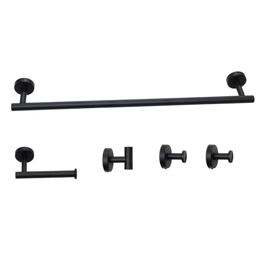 Conjunto Kit 5 Acessorios de Banheiro Algarve de Inox Porta Toalha Corpo Rosto Papel Higienico Parafusos e Ganchos Auto adesivos (Preto)