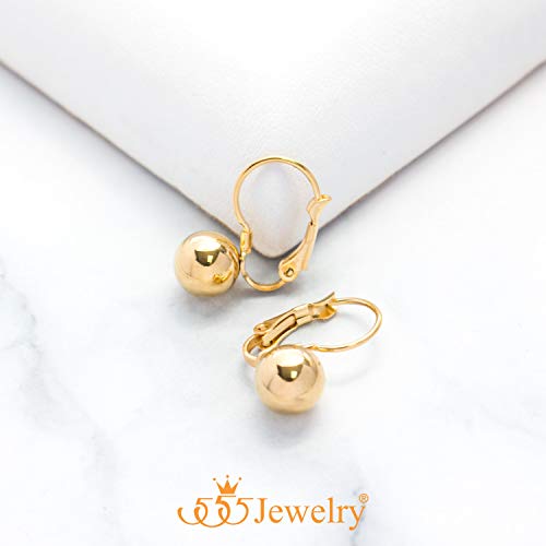 555Jewelry Womens Stainless Steel Bead Ball Round Shape Dangle Drop High Polish Minimal Minimalist Classic Fashion Jewelries Accessories Leverback Hoop Earrings Pair, Yellow Gold #TOP3