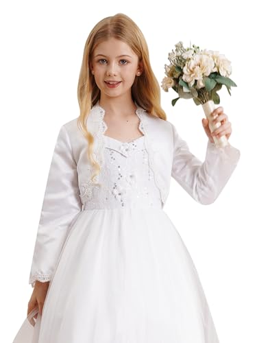 Kids Girls Long Sleeve Sparkle Bolero Cardigan Ruffle Trim Open Front Satin Shrug Cropped Outerwear Tops3