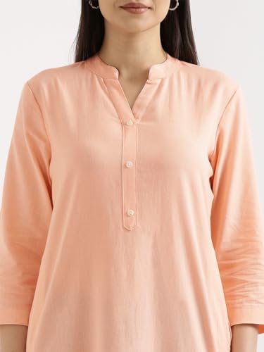 Image of SAADAA Women's Linen Straight Fit Straight Long Kurta Airy Plain Kurta, 3 /4 Sleeve, Knee Length Kurtis with Pockets, Casual and Office Wear