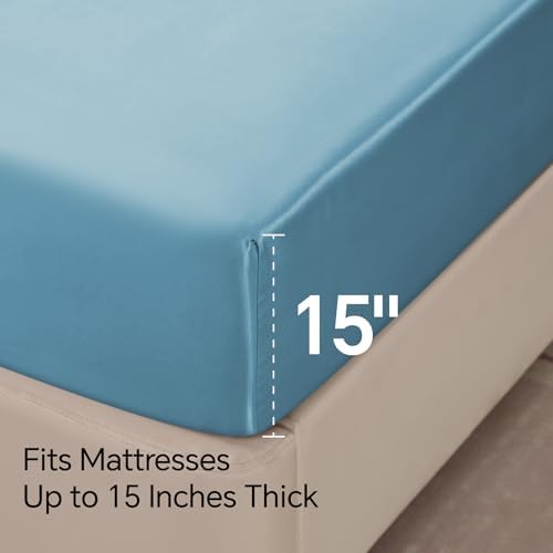BEDELITE King Size Sheets Set, Luxury Soft Airy Blue Satin Sheets for Hair and Skin, Similar to Silk Bed Sheets Set 4 Pieces with 1 Deep Pocket Fitted Sheet, 1 Flat Sheet, and 2 Pillowcases