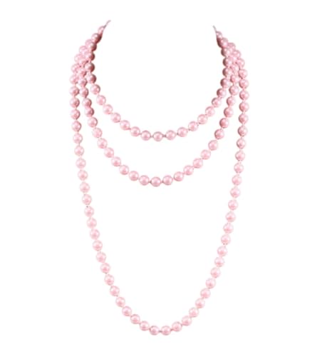 1920S Long Vintage 8MM Faux Pearl Strand Necklace Elegant Long Chain Layered Retro Imitation Round Beaded Ball for Women Party Halloween Jewelry Mother's Day Gift - Pink