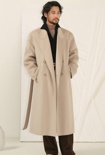 VENNYNG Men's Double Breasted Long Trench Coat Peak Lapel Two-button Solid Color Windbreaker Outwear Overcoat with Belt4