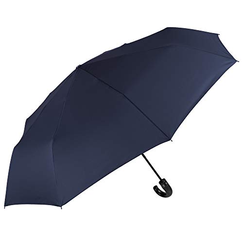 Paraguas Golf Plegable Azul Hombre con Mango Curvado - Grande Compacto Liso - Ligero y Antiviento de Fibra de Vidrio - Abre y Cierra Automatico - Diámetro 118 cm - Perletti Technology (Azul Marino)
