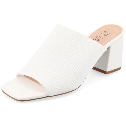 Journee Square Open Toe Chunky Block Heel Knit Slip-On Pump for Women - Lorenna Heeled Fashion Mule White, 6