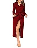 Ekouaer Bademantel Damen Lang Morgenmantel Kimono Frauen Teenager mädchen Leichter Saunamantel mit Taschen Baumwolle V Ausschnitt Winter Reisebademantel S-XXL Weinrot M