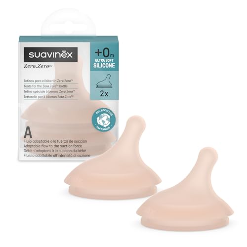 Suavinex - Pack de 2 Tetinas para el Biberón Anticólicos Zero Zero, Repuesto de 2 Tetinas de Flujo Adaptable (A), Se Adapta a la Fuerza de Succión del Bebé, Tetina Lactancia Mixta, +0 Meses, Medium