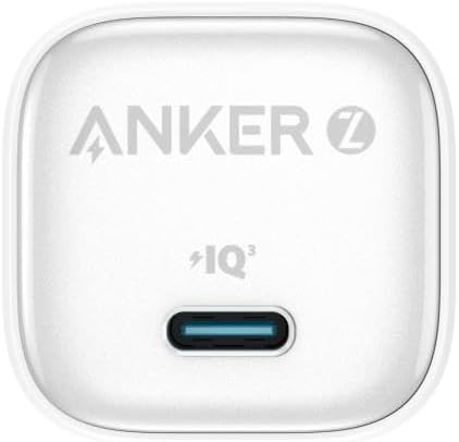 Front view of the Anker Zolo 20W Type C charger, displaying the Anker logo, IQ3 technology branding, and the USB-C charging port.
