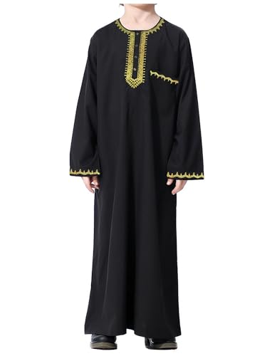 WSPLYSPJY Embroidered Muslim Thobe for Boys Solid Color Islamic Kaftans Button Down Gown with Pocket