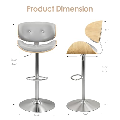 Image of Adjustable Swivel Bar Stools Chair,Counter Height Bar Stools with Back,350 LBS PU Leather Bar Stool for Kitchen Island,Upholstered Pub Stools with Footrest (Grey, Set of 5)