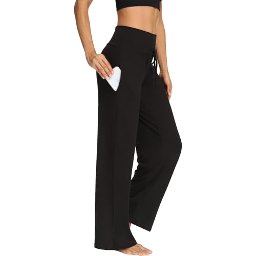 DDOBB Yoga Pants for Women with Pockets Ladies Wide Leg Pants High Waist Stretch Tummy Control Trousers Gym Jogging Casual Trousers Sports Sweatpants Black