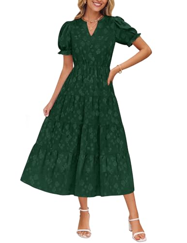 Image of ZESICA Womens Summer Floral Flowy Midi Dress 2026 Puff Short Sleeve V Neck Ruffle Tiered Beach Vacation Party Dresses