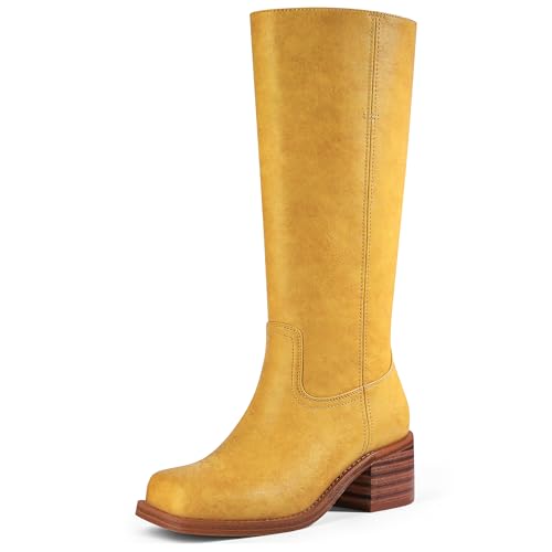 MUCCCUTE Campus Knee High Boots for Women Wide Calf Square Toe Chunky Block Low Heel Tall Long Boots Pull On