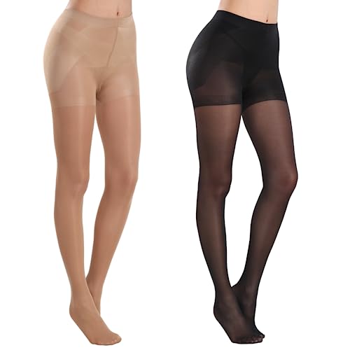 Image of MANZI 2 Pairs Women's Sheer Tights 40D High Waist Control Top Pantyhose Thigh High Stockings with Reinforced Toes