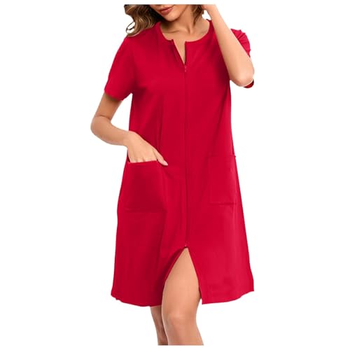 KBOPLEMQ Camisón para mujer con cremallera, vestido de maternidad monocolor, control de abdomen, bata de casa, camisón con bolsillos, albornoz suave, vestido de maternidad, monocolor, O rojo., XL
