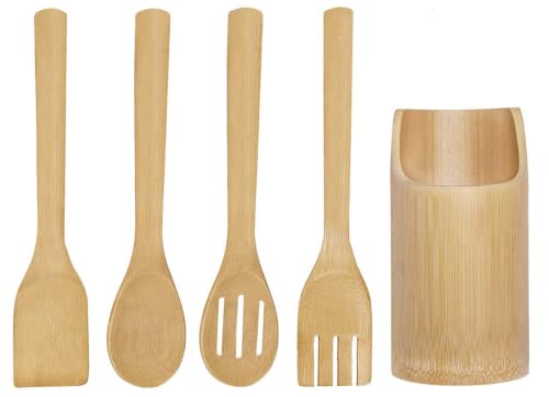 Lot de 4 ustensiles de cuisine en bambou, spatule, cuillère rainurée, cuillères en bois et support Cover