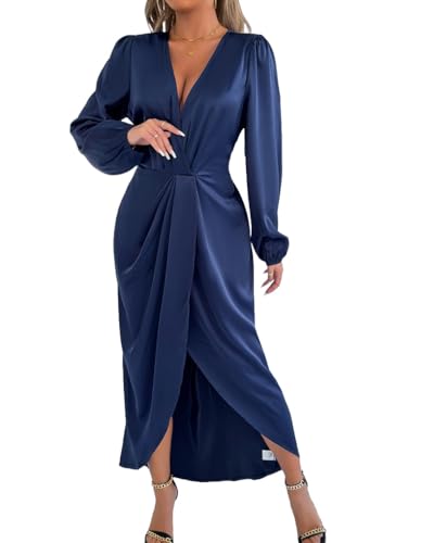 LIUYUYOUGO Vestido Fiesta Mujer Vestido Midi De Satén para Mujer Elegante Formal Fruncido Cruzado con Escote En V Manga Larga Sexy De Seda con Abertura para Invitada De Boda para Negocios Noche Có