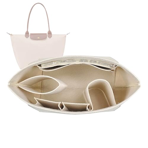 Lckaey tote bag organizer insert for Longchamp le pliage large tote insert felt purse zipper bag organizer beige L/16.5 * 6.7 * 9.8in