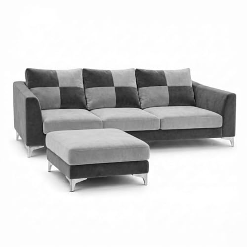 Image of Romeo Rich 4 Seater L Shape Sofa Set with Movable Ottomans | Flexible Layout | Velvet Suede Fabric | Golden Aesthetic Legs | Dual Tone Modern Sofa for Living Room (Dark Grey-Light Grey)