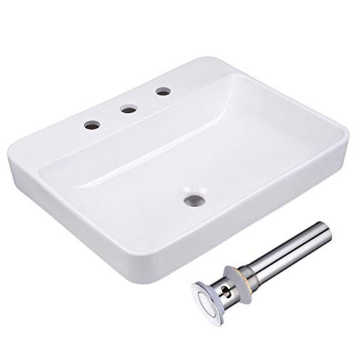 Aquaterior 23\" Rectangle Drop in Bathroom Sink White Ceramic Above Counter Semi Recessed Vessel Sink with Pop Up Drain