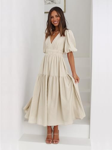 Women's Deep V-Neck Puff Short Sleeve Tiered Maxi Dress Flowy A Line Midi Dresses2
