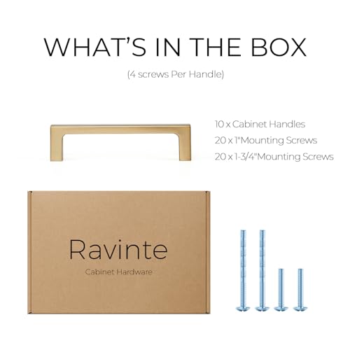 Image of Ravinte Champagne Bronze Kitchen Square Cabinet Handles 3-3 /4 Inch 10 Pack | Modern Slim Style, Solid Zinc, Square Design, Screws Included, Easy Installation, for Kitchen Drawers & Cupboards