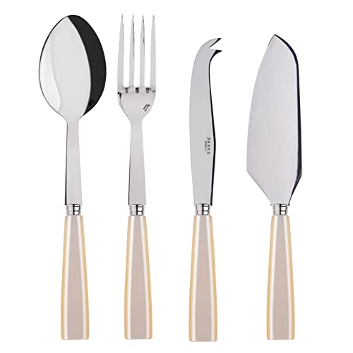 SABRE PARIS - 4-Piece Serving Set - Icône Collection - 2 Serving Flatware, Serrated Pie Server, Large Cheese Knife - Stainless Steel & Acrylic - Dishwasher Safe - Pearly White