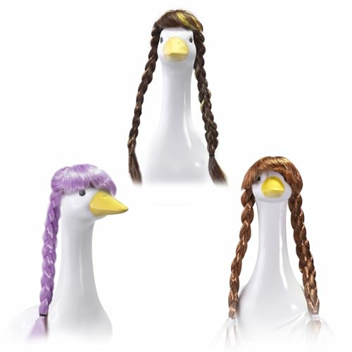 Anzir 3 PCS Porch Goose Wigs & Outfits-Braided & Loose Bohemian Wigs Purple/Gold/Brown DIY Stying Wigs for Rustic Patio,Wedding Venues & Garden Goose Statues(Funny)