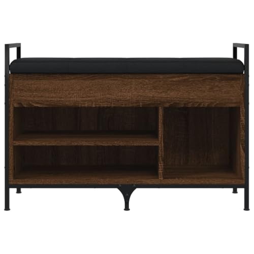 Banc à chaussures marron avec coussin d'assise et double étagère de rangement - 7