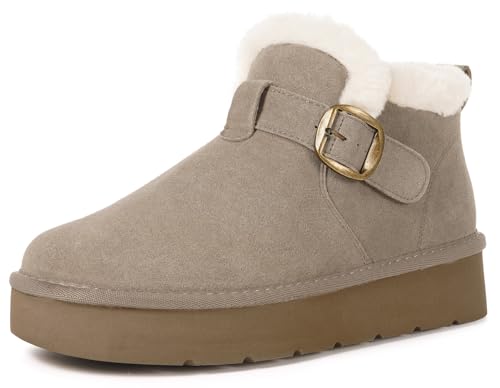 Botas de Ante para Mujer Cálido Piel Botines de Nieve Antideslizante Impermeables Cuero Genuino Invierno Cómodas Zapato Outdoor,Caqui,39 EU