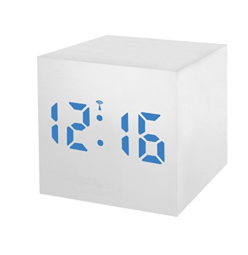 Bresser MyTime WAC Réveil Radio-piloté Blanc Aspect Bois avec LED Bleue à intensité Variable Affichage de la Date et de la température 67 x 67 x 67 cm