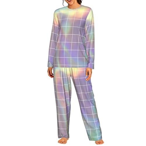 Pyjama long pour femme avec imprimé carré réfléchissant et taille élastique doux