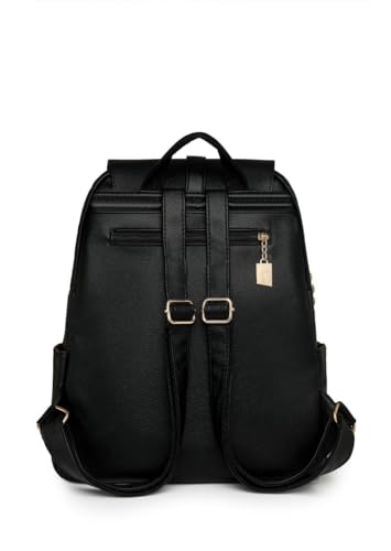 Image of H-SQUARE LuxeTech Ladies Laptop Backpack - Stylish Leather Bag with Gold Buckle, Laptop Compartment & Dual Zipper Pockets