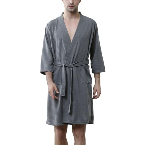 Men's Waffle Bath Robe Long Robe Bath House V Neck Soft Knee Length Thin Medium Fall Comfy Kimono