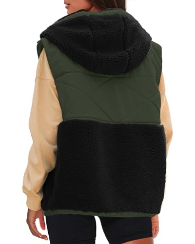 Nirovien Womens Oversized Quilted Vest Color Block Fleece Vest Button Down Padded Outwear Removeable Hooded with Pockets4