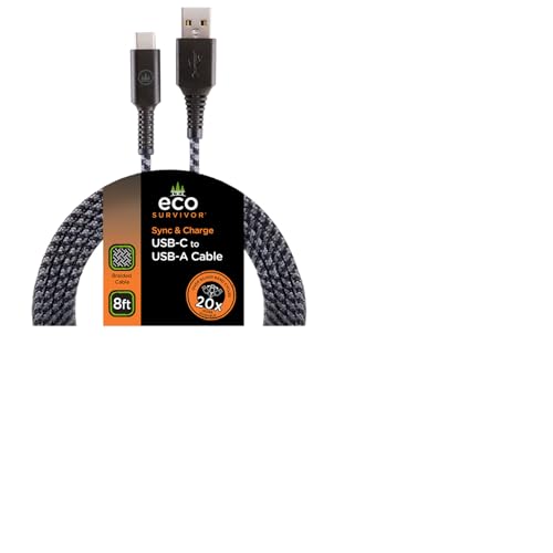 Image of Eco Survivor USB Type C Cable, USB-A to USB-C Black Nylon Braided Fast Charging Cable, 8ft, For iPhone 15/Pro/Max, iPad Air/Pro, MacBook, Samsung Galaxy S23/S22/Ultra, Google Pixel, 44851