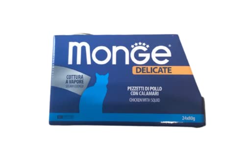 Monge delicate natural superpremium quality Pezzetti di pollo con calamari per gatti, cottura a vapore. Confezione da 24 scatolette (80 gr. l'una). Senza coloranti e conservanti