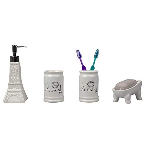Home Basics, White Le Bain Paris Eiffel Tower 4 Piece Designer Ceramic Bath Accessory Set | Toothbrush Holder, Dispenser, Soap Dish, 1 Tumbler