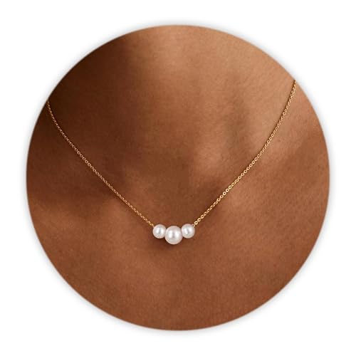SmileBelle Gold Pearl Necklace for Women, Dainty 3 Pearl Choker