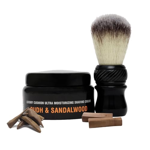 Pink Woolf OUDH & SANDALWOOD - Kit de afeitado para hombre (COMBO) | Crema de afeitar de lujo para hombres y cepillo de afeitar suave (mango negro esmoquin) nudo de 24 mm | Apto para veganos