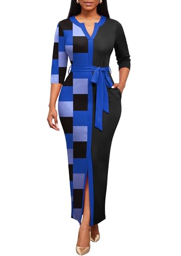 Image of Nmoder Maxi Dress for Women Long Church Cocktail Casual Dresses Colorblock Front Split 3 /4 Sleeve V Neck Pencil Dress