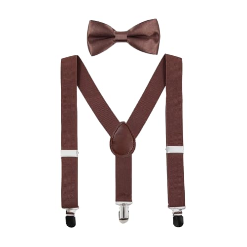 CXNXFD Set di papillon per bambini con bretelle elastiche a Y regolabili con clip, marrone, Taglia Unica