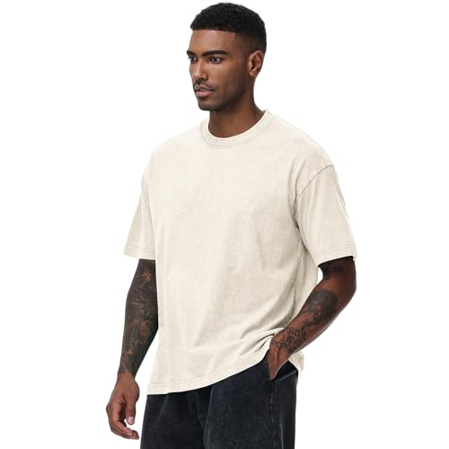 Image of Men's Oversized Cotton T-Shirts Loose Fit Vintage Washed Tee Unisex Short Sleeve Casual Shirts Tops