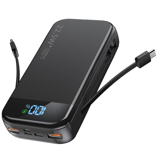 SOUNIX Power Bank 20000mAh, Batería Externa Portátil, Carga Rápida USB C de 22,5 W, Powerbank con 2 Cables, 5 Salidas 3 Entradas, Compatible con iPhone Samsung S25 S24 Airpods iPad