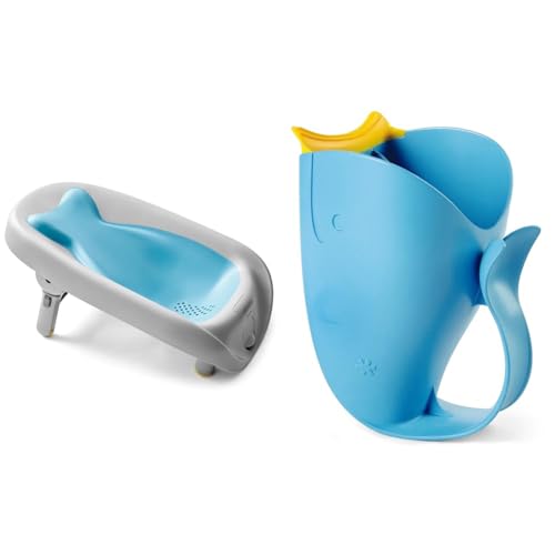 Image of Skip Hop Baby Bath Tub, Moby Recline and Rinse & Baby Bath Rinse Cup, Moby Tear-Free Waterfall Rinser, Blue