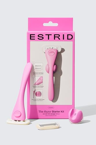 Estrid Rasierer Starterset, Damenrasierer Set mit 5-Klingen System, Veganer Feuchtigkeitsstreifen, 2 Ersatzkleingen, Wandhalterung (Guava)